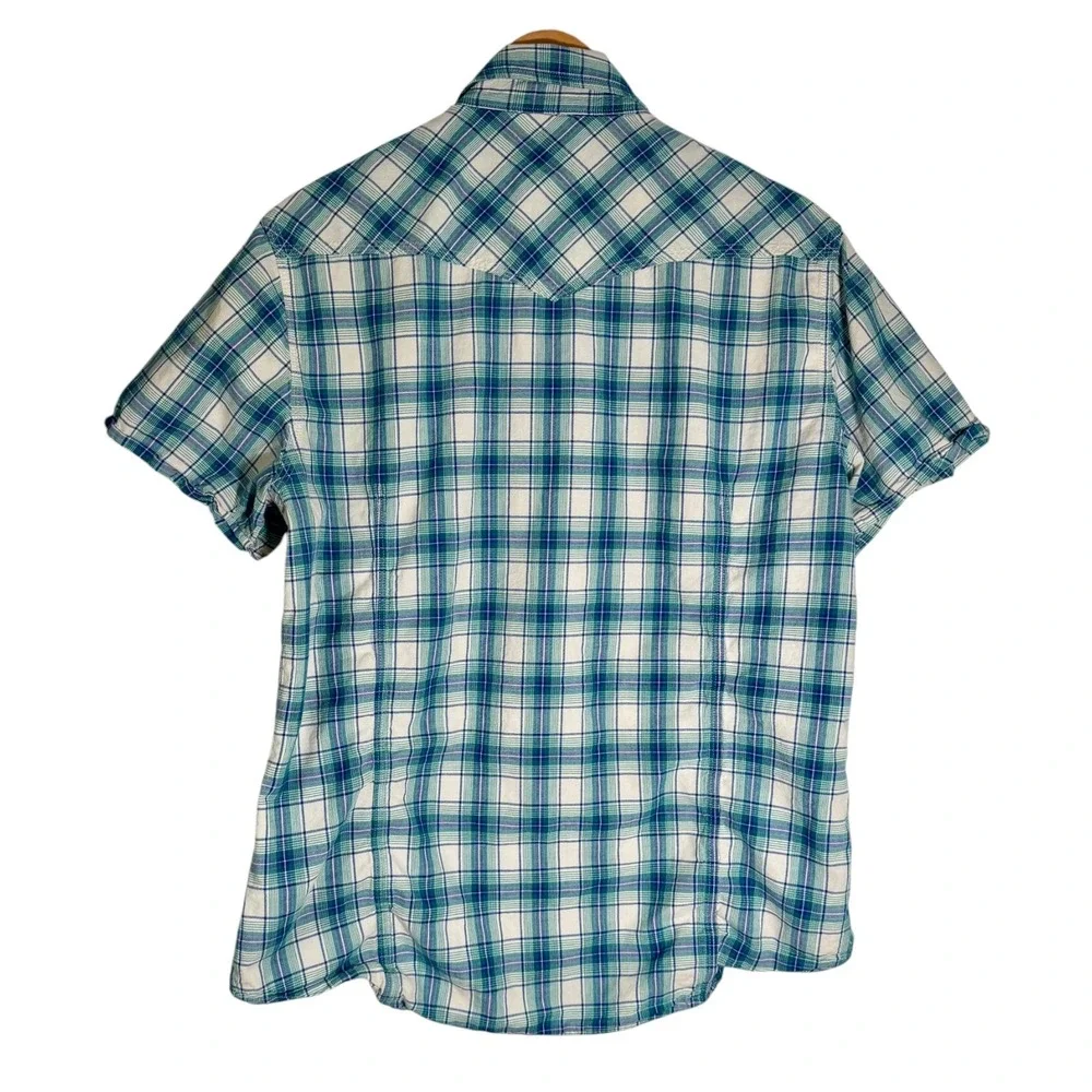 True Religion Men's Rocky Short‎ Sleeve Pearl Snap Plaid Western Shirt Blue XL
